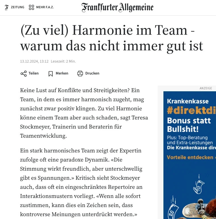 Artikel_FAZ Warum zu viel Harmonie im Team nicht gut ist, Teresa Stockmeyer, Teamentwicklung, Führungskräfte Training