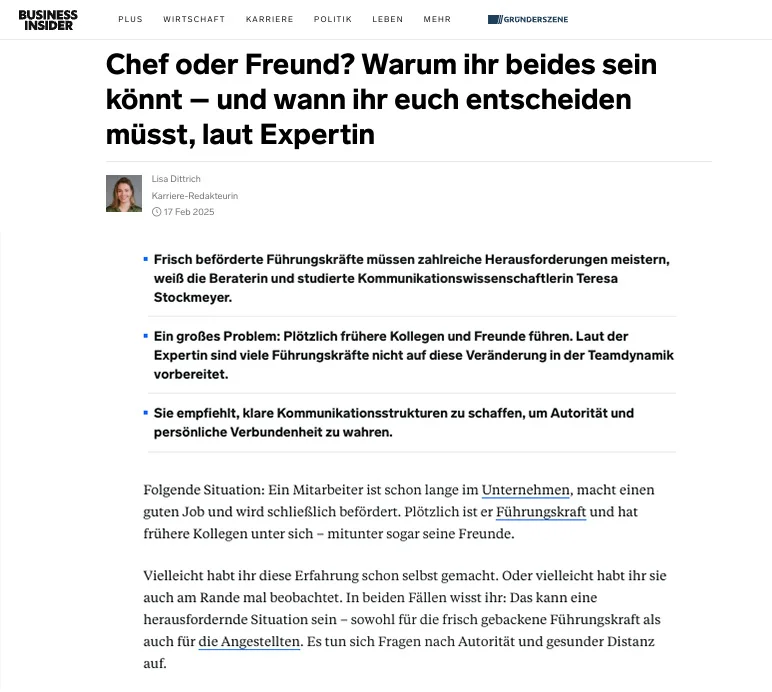 Screenshot_Business_Insider Kopie Chef oder Freund, Teresa Stockmeyer, Teamentwicklung, Führungskräfte Training